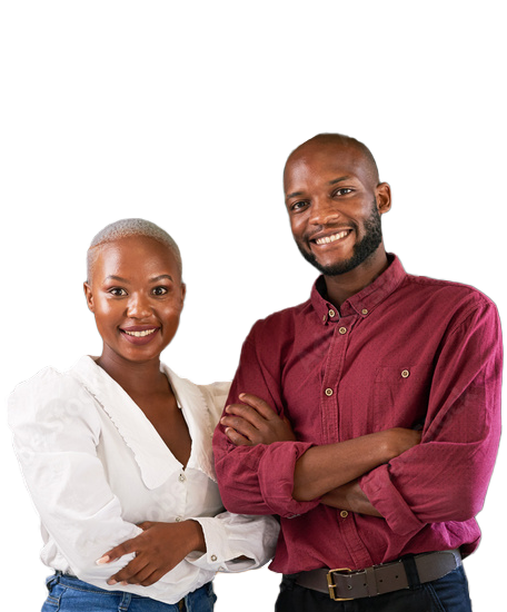 A woman on the left with a buzzcut dyed blonde in a white shirt and blue denim smiling with her arms crossed. She is standing next to a man on her right, in a maroon long sleeve shirt, smiling, wearing black slacks and his arms are crossed.