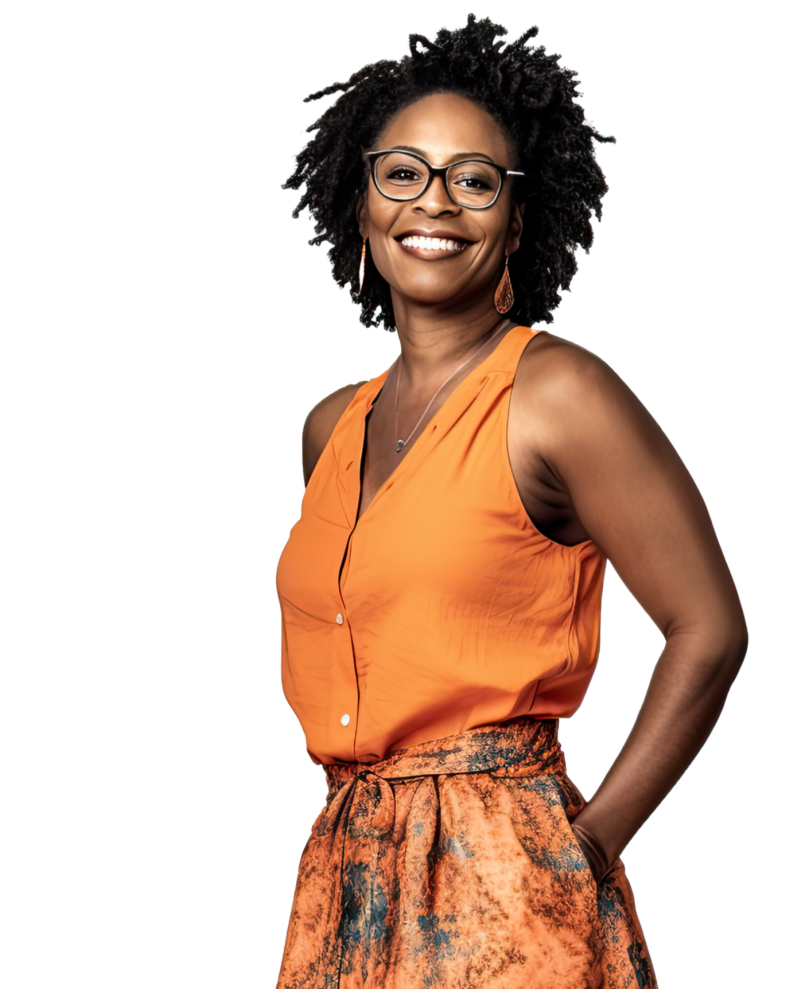 woman smiling at the camera in an orange top with glasses on