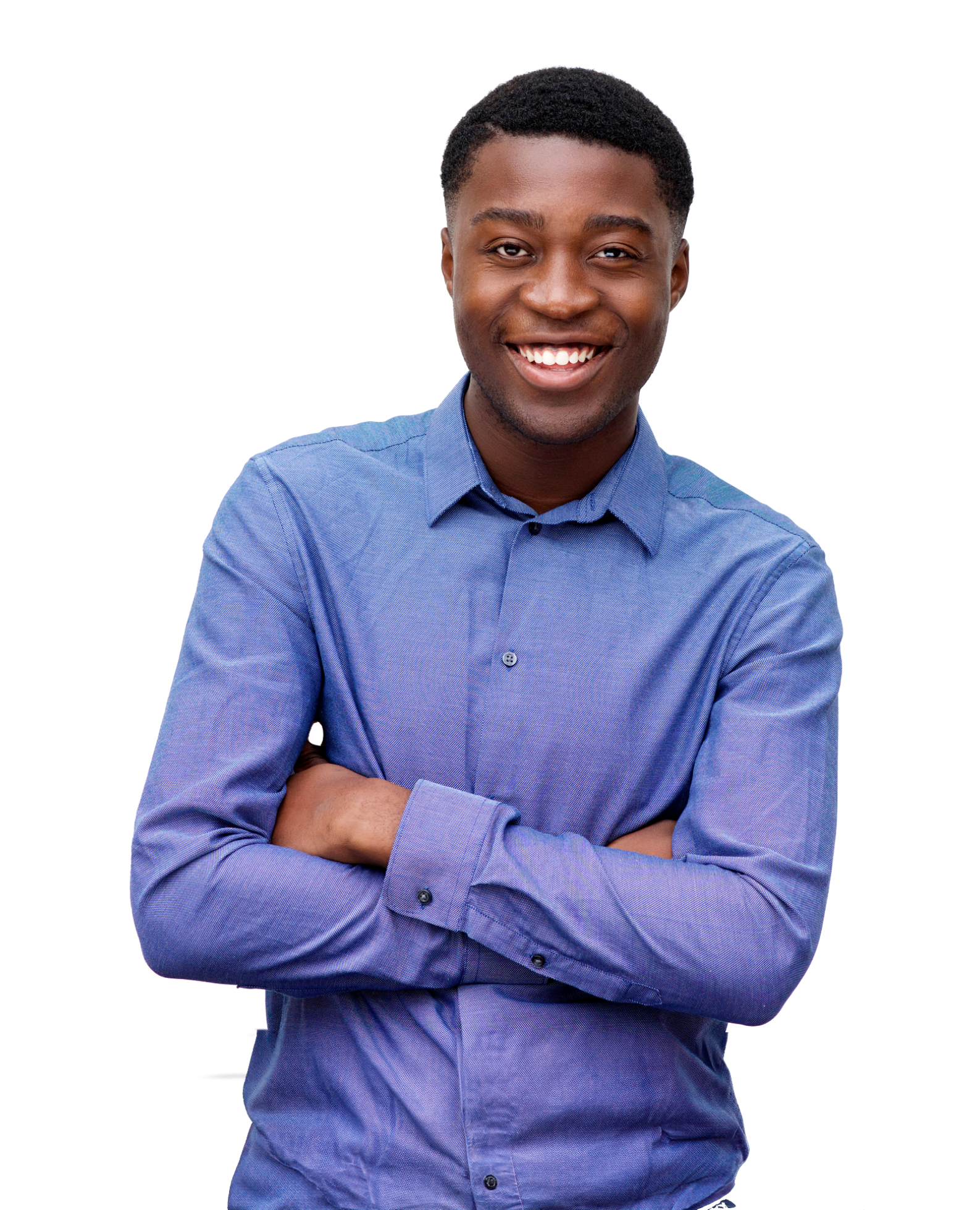 man smiling with a blue shirt on and arms crossed
